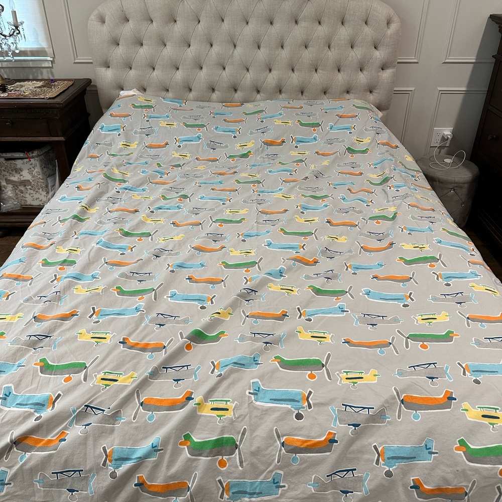 Pottery Barn Kids Airplane Duvet Cover - Gray, Blue, Green, Orange